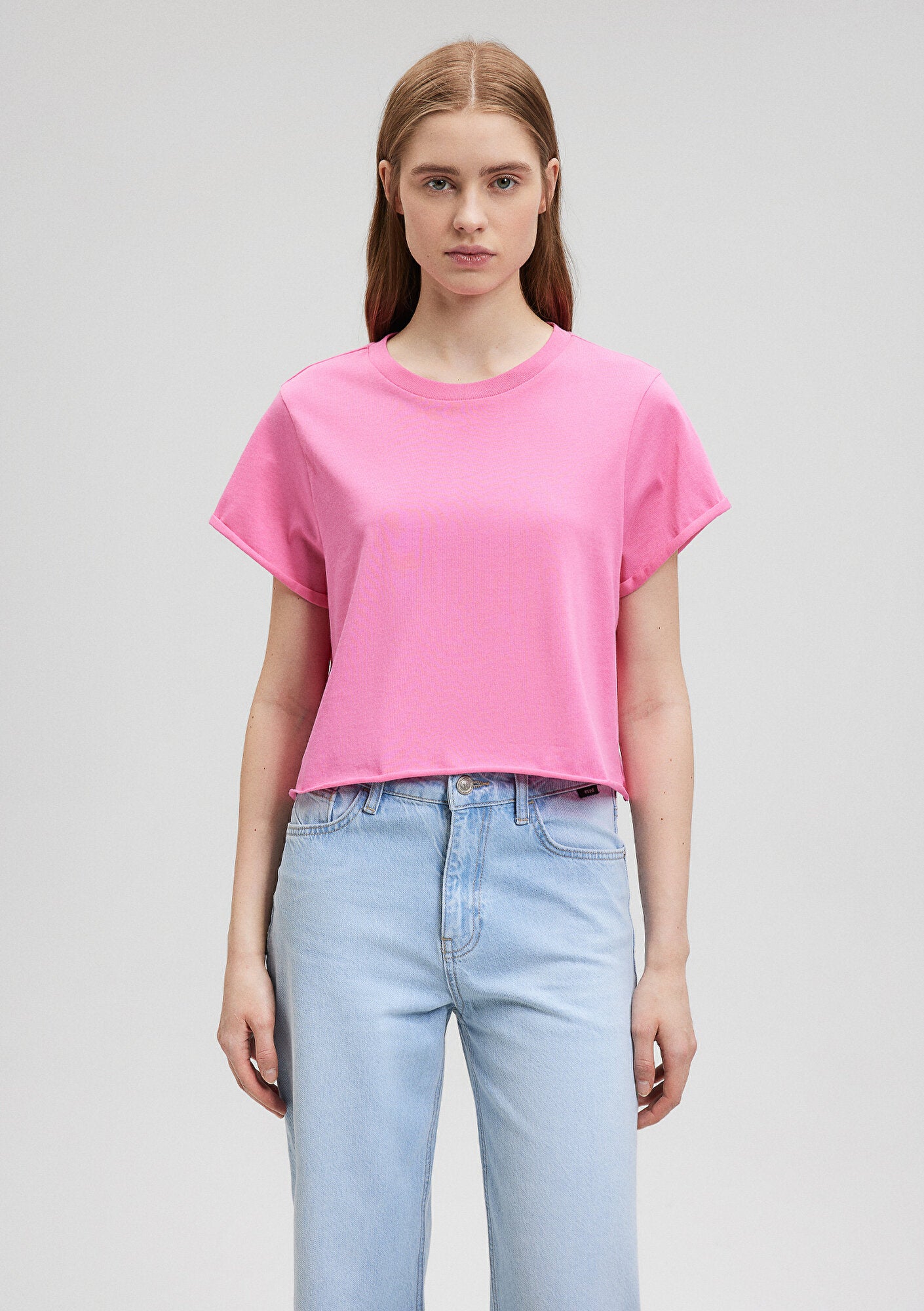 Pink Variant Pink Crop Basic T-Shirt Mavi