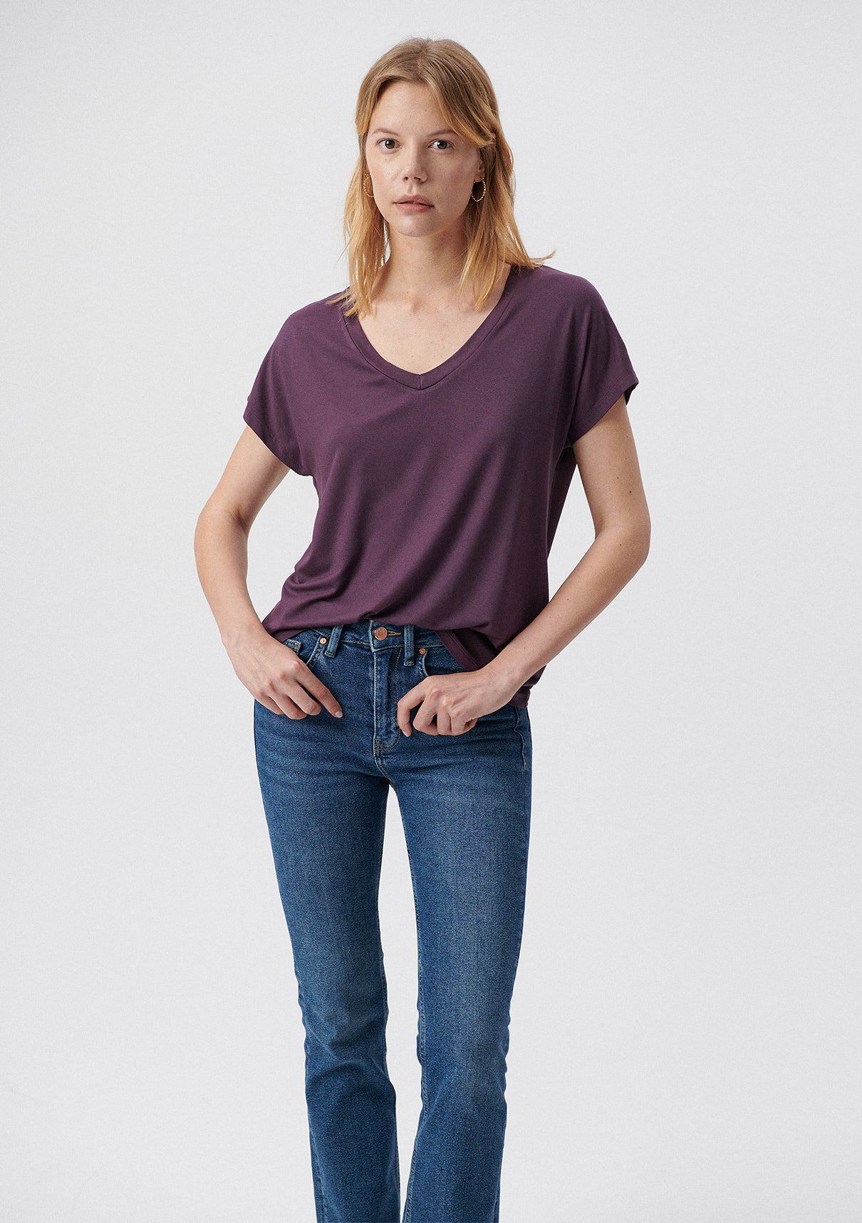 V Neck Purple Basic T-Shirt Mavi
