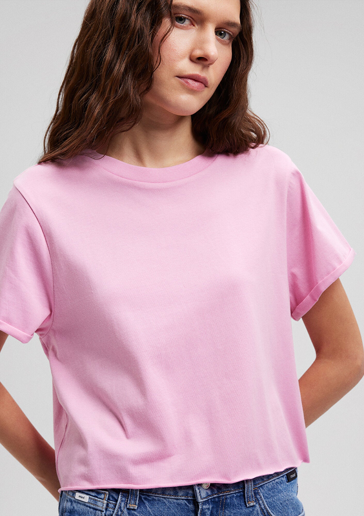Pink Variant Crop Pink Basic T-Shirt Mavi